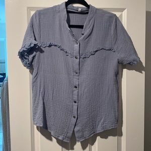 Blue summer top with floral ruffle